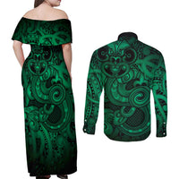 Aotearoa Maori Hei Tiki Couples Matching Off Shoulder Maxi Dress and Long Sleeve Button Shirt Kakariki Kowhaiwhai Puhoro Motif