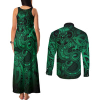 Aotearoa Maori Hei Tiki Couples Matching Tank Maxi Dress and Long Sleeve Button Shirt Kakariki Kowhaiwhai Puhoro Motif
