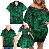 Aotearoa Maori Hei Tiki Family Matching Off Shoulder Short Dress and Hawaiian Shirt Kakariki Kowhaiwhai Puhoro Motif