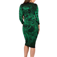 Aotearoa Maori Hei Tiki Long Sleeve Bodycon Dress Kakariki Kowhaiwhai Puhoro Motif