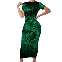 Aotearoa Maori Hei Tiki Short Sleeve Bodycon Dress Kakariki Kowhaiwhai Puhoro Motif