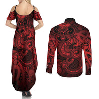 Aotearoa Maori Hei Tiki Couples Matching Summer Maxi Dress and Long Sleeve Button Shirt Whero Kowhaiwhai Puhoro Motif