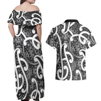 Aotearoa Maori Kowhaiwhai Couples Matching Off Shoulder Maxi Dress and Hawaiian Shirt Kiwikiwi Puhoro and Patiki