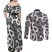 Aotearoa Maori Kowhaiwhai Couples Matching Off Shoulder Maxi Dress and Long Sleeve Button Shirt Kiwikiwi Puhoro and Patiki