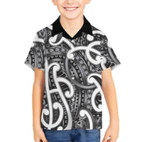 Aotearoa Maori Kowhaiwhai Family Matching Off Shoulder Short Dress and Hawaiian Shirt Kiwikiwi Puhoro and Patiki LT9 Son's Shirt Grey - Polynesian Pride