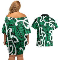 Aotearoa Maori Kowhaiwhai Couples Matching Off Shoulder Short Dress and Hawaiian Shirt Kakariki Puhoro and Patiki