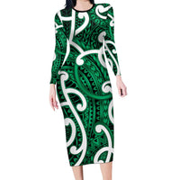 Aotearoa Maori Kowhaiwhai Long Sleeve Bodycon Dress Kakariki Puhoro and Patiki