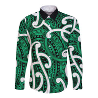 Aotearoa Maori Kowhaiwhai Long Sleeve Button Shirt Kakariki Puhoro and Patiki LT9 Unisex Green - Polynesian Pride