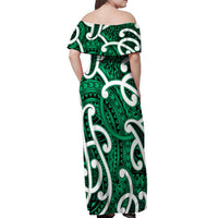 Aotearoa Maori Kowhaiwhai Off Shoulder Maxi Dress Kakariki Puhoro and Patiki