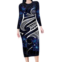Micronesia Constitution Day Family Matching Long Sleeve Bodycon Dress and Hawaiian Shirt Since 1979 with Polynesian Hibiscus Pattern LT9 Mom's Dress Blue - Polynesian Pride