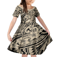 Polynesian Shark Tribal Tattoo Family Matching Off The Shoulder Long Sleeve Dress and Hawaiian Shirt Beige Style LT9 Daughter's Dress Beige - Polynesian Pride