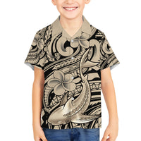 Polynesian Shark Tribal Tattoo Family Matching Off The Shoulder Long Sleeve Dress and Hawaiian Shirt Beige Style LT9 Son's Shirt Beige - Polynesian Pride
