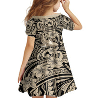 Polynesian Shark Tribal Tattoo Family Matching Off Shoulder Short Dress and Hawaiian Shirt Beige Style