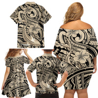 Polynesian Shark Tribal Tattoo Family Matching Off Shoulder Short Dress and Hawaiian Shirt Beige Style