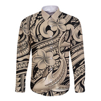 Polynesian Shark Tribal Tattoo Long Sleeve Button Shirt Beige Style