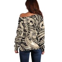 Polynesian Shark Tribal Tattoo Off Shoulder Sweater Beige Style