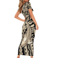 Polynesian Shark Tribal Tattoo Short Sleeve Bodycon Dress Beige Style LT9 - Polynesian Pride