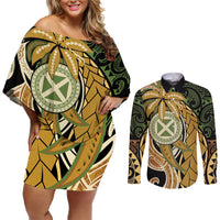 Wallis and Futuna Victory Day Couples Matching Off Shoulder Short Dress and Long Sleeve Button Shirt Since 1945 with Polynesian Platinum Floral Tribal