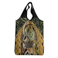 Wallis and Futuna Victory Day Grocery Bag Since 1945 with Polynesian Platinum Floral Tribal