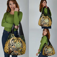 Wallis and Futuna Victory Day Grocery Bag Since 1945 with Polynesian Platinum Floral Tribal