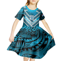 Custom Fiji Rugby Kid Short Sleeve Dress Fijian Warrior With Polynesian Tribal Tattoos