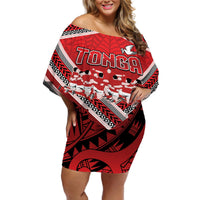 Custom Tonga Rugby Off Shoulder Short Dress Tonga Sipi Tau Ngatu Tribal Pattern LT9 Women Red - Polynesian Pride
