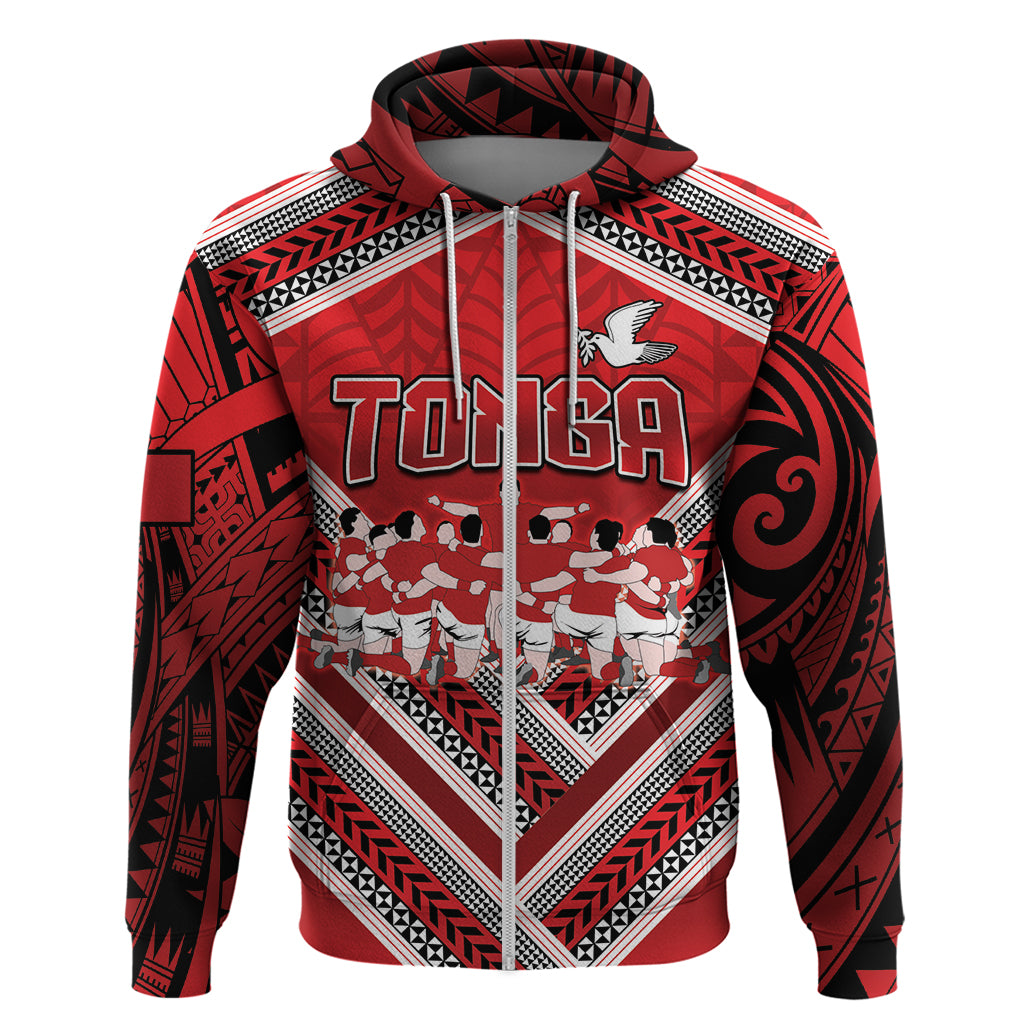 Custom Tonga Rugby Zip Hoodie Tonga Sipi Tau Ngatu Tribal Pattern