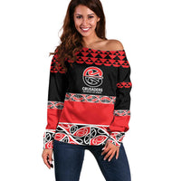 New Zealand Rugby Pacific Custom Off Shoulder Sweater Whatumoana Maori Kowhaiwhai Pattern