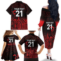 New Zealand Rugby Pacific Custom Family Matching Off The Shoulder Long Sleeve Dress and Hawaiian Shirt Whatumoana Maori Tribal Tattoo