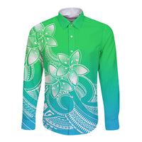 Polynesian Pride Plumeria Flowers Long Sleeve Button Shirt Polynesian Tribal Gradient Green LT9 Unisex Green - Polynesian Pride