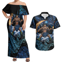 Samoa Siva Afi Couples Matching Off Shoulder Maxi Dress and Hawaiian Shirt Fireknife Fire Dance Pacific Tribal Motif
