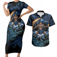 Samoa Siva Afi Couples Matching Short Sleeve Bodycon Dress and Hawaiian Shirt Fireknife Fire Dance Pacific Tribal Motif