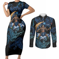 Samoa Siva Afi Couples Matching Short Sleeve Bodycon Dress and Long Sleeve Button Shirt Fireknife Fire Dance Pacific Tribal Motif