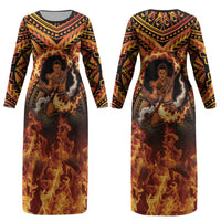 Samoa Siva Afi Dance Fireknife Couples Matching Long Sleeve Bodycon Dress and Long Sleeve Button Shirt Samoan Tribal Motif Dancing in the Fire