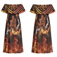 Samoa Siva Afi Dance Fireknife Family Matching Off Shoulder Maxi Dress and Hawaiian Shirt Samoan Tribal Motif Dancing in the Fire