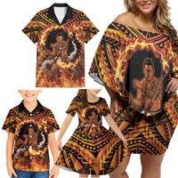 Samoa Siva Afi Dance Fireknife Family Matching Off Shoulder Short Dress and Hawaiian Shirt Samoan Tribal Motif Dancing in the Fire