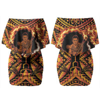 Samoa Siva Afi Dance Fireknife Family Matching Off Shoulder Short Dress and Hawaiian Shirt Samoan Tribal Motif Dancing in the Fire