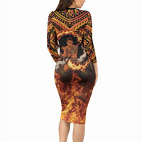 Samoa Siva Afi Dance Fireknife Long Sleeve Bodycon Dress Samoan Tribal Motif Dancing in the Fire
