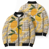 Maku'e Hawaiian Mango Palaka Bomber Puffer Jacket Aloha Hibiscus Pikake Lei
