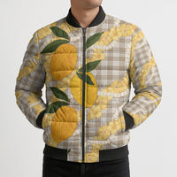 Maku'e Hawaiian Mango Palaka Bomber Puffer Jacket Aloha Hibiscus Pikake Lei
