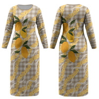 Maku'e Hawaiian Mango Palaka Couples Matching Long Sleeve Bodycon Dress and Long Sleeve Button Shirt Aloha Hibiscus Pikake Lei