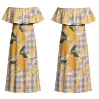 Maku'e Hawaiian Mango Palaka Couples Matching Off Shoulder Maxi Dress and Hawaiian Shirt Aloha Hibiscus Pikake Lei