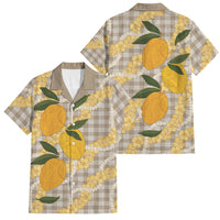 Maku'e Hawaiian Mango Palaka Family Matching Summer Maxi Dress and Hawaiian Shirt Aloha Hibiscus Pikake Lei