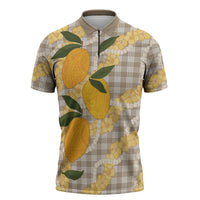Maku'e Hawaiian Mango Palaka Zipper Polo Shirt Aloha Hibiscus Pikake Lei