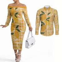 Alani Hawaiian Mango Palaka Couples Matching Off The Shoulder Long Sleeve Dress and Long Sleeve Button Shirt Aloha Hibiscus Pikake Lei
