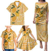 Alani Hawaiian Mango Palaka Family Matching Puletasi and Hawaiian Shirt Aloha Hibiscus Pikake Lei