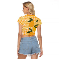 Alani Hawaiian Mango Palaka Raglan Cropped T Shirt Aloha Hibiscus Pikake Lei