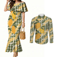 Uliuli Ahiahia Hawaiian Mango Palaka Couples Matching Mermaid Dress and Long Sleeve Button Shirt Aloha Hibiscus Pikake Lei