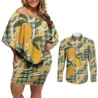 Uliuli Ahiahia Hawaiian Mango Palaka Couples Matching Off Shoulder Short Dress and Long Sleeve Button Shirt Aloha Hibiscus Pikake Lei