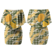 Uliuli Ahiahia Hawaiian Mango Palaka Couples Matching Off Shoulder Short Dress and Long Sleeve Button Shirt Aloha Hibiscus Pikake Lei